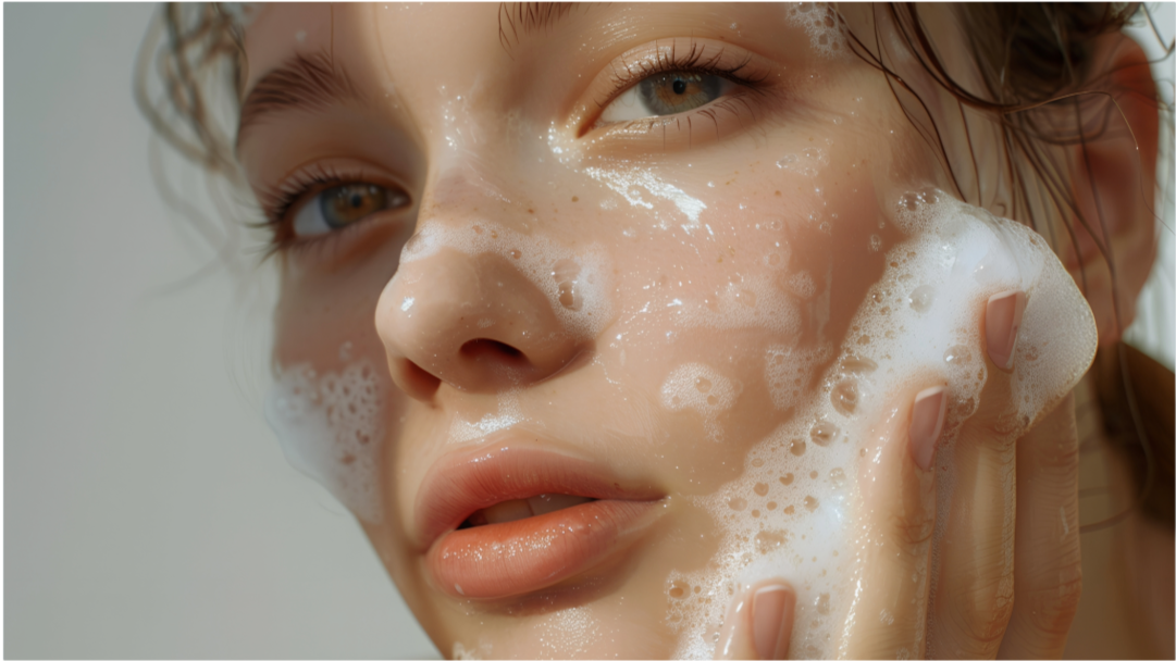 woman washing face with foam cleanser